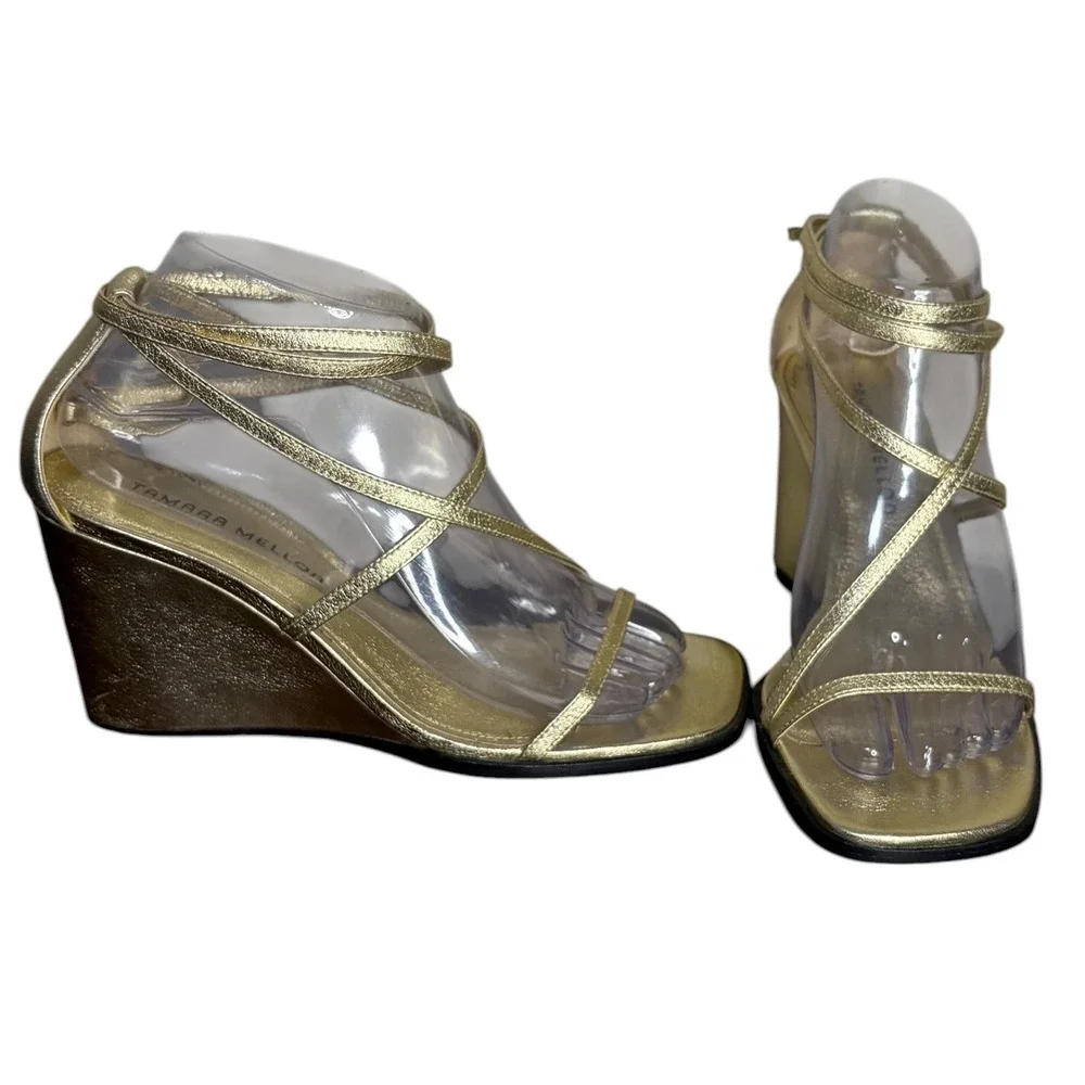 Tamara Mellon Gold Strappy Wedge Sandals Metallic Italian Women's Size 8.5